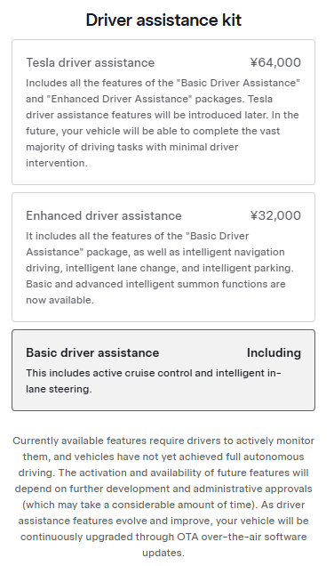 Tesla Driver Assistance costs and options in China