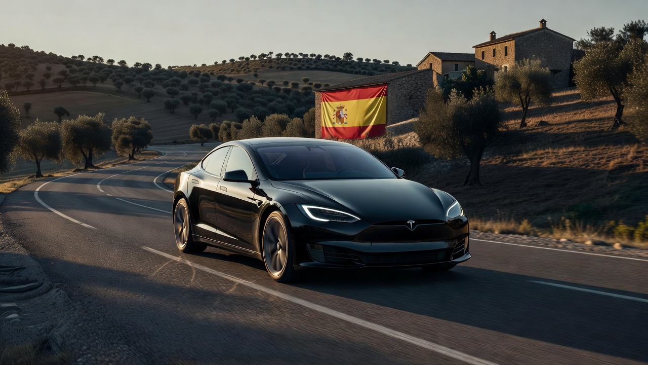 Tesla driving on Spanish roads with Spanish flag in the background